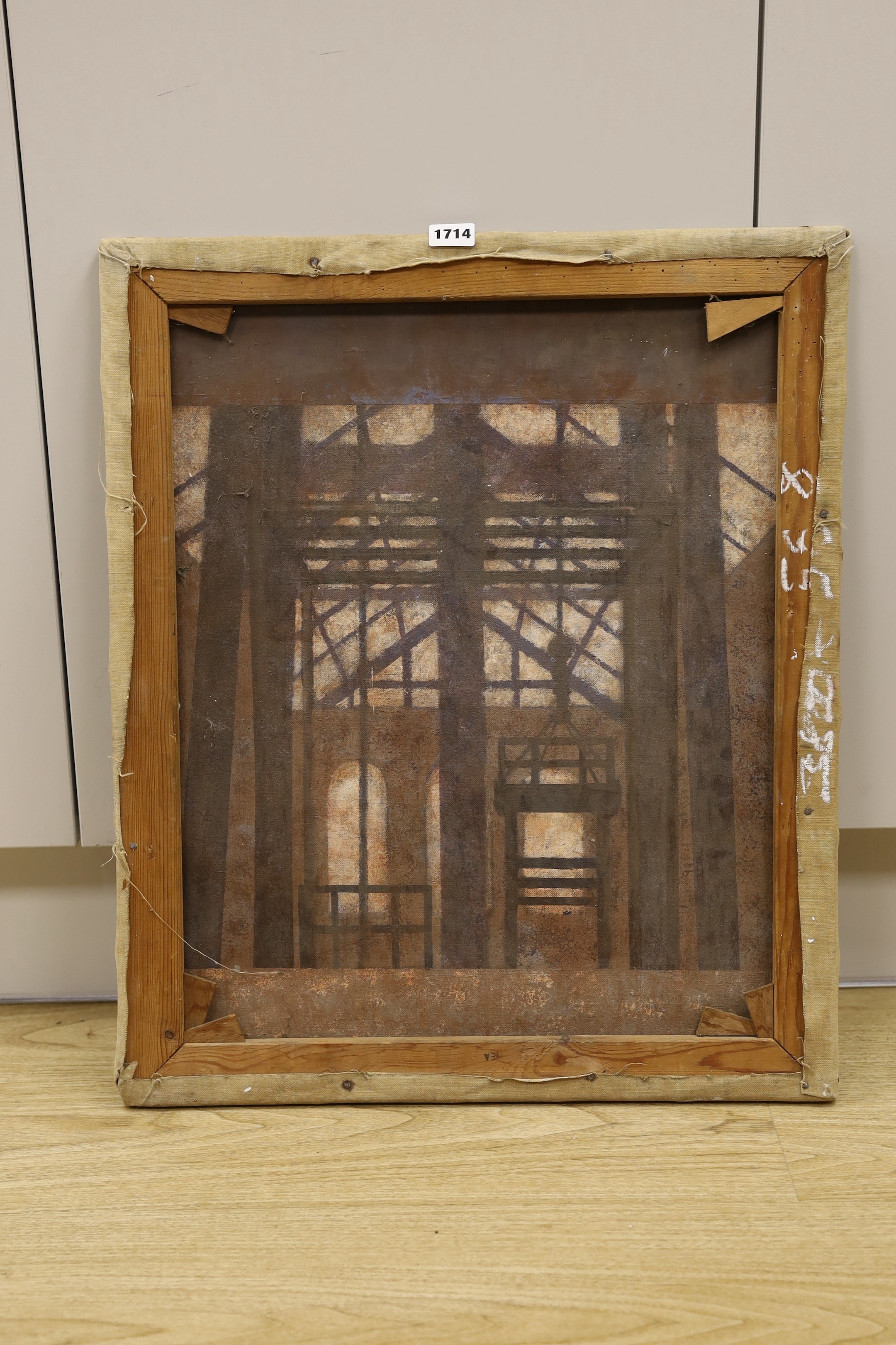 Modern British, oil on canvas, Colliery at sunset, a sketch of girders verso, 60 x 50cm, unframed, smoke damaged